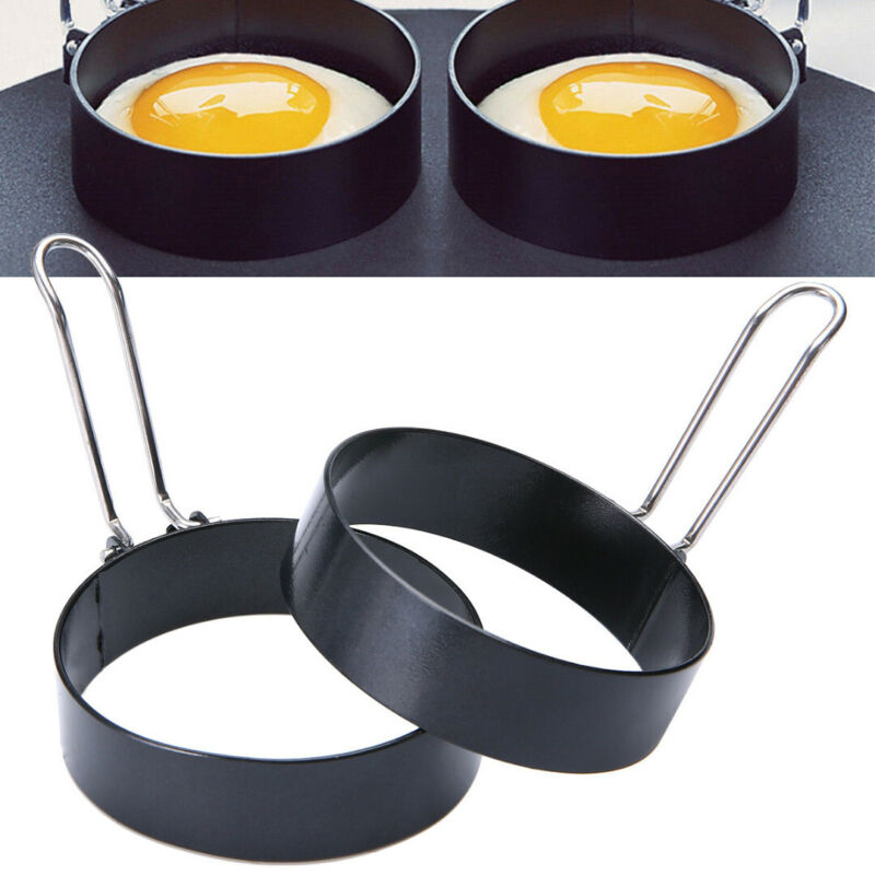 2pcs Nonstick Stainless Steel Handle Round Egg Rings Shaper Pancakes Molds Ring